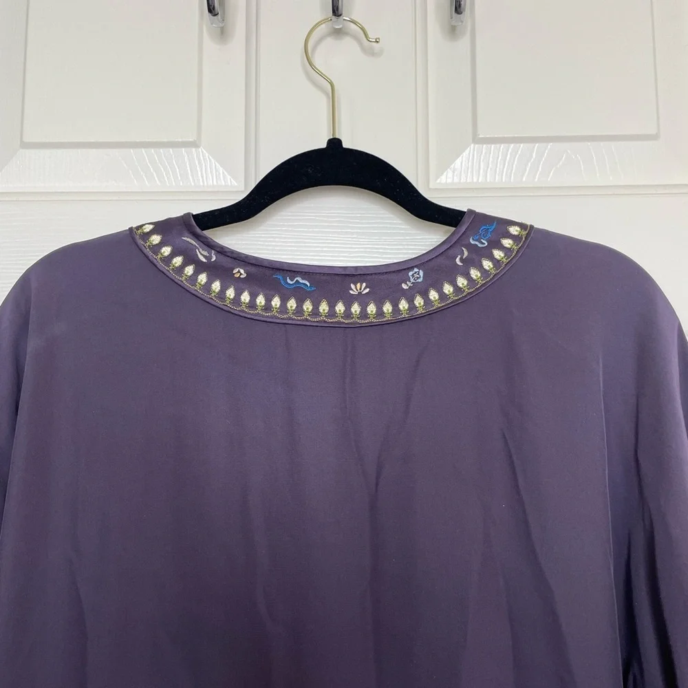 Soft Surroundings silk and embroidered kimono robe plum and tea | L - Picture 9 of 14
